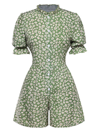1940er Gänseblümchen Faltenkragen Puffärmel Romper