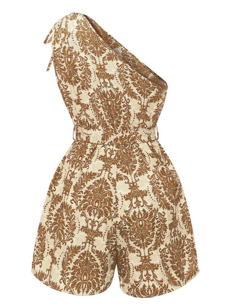 Braun 1950er Blumen Print Eine Schulter Romper