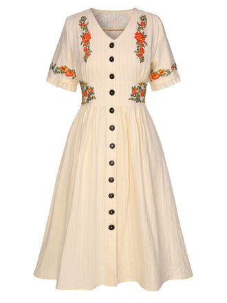 [Große Größen] Beige 1940er V-Ausschnitt Knöpfen Blumen Kleid