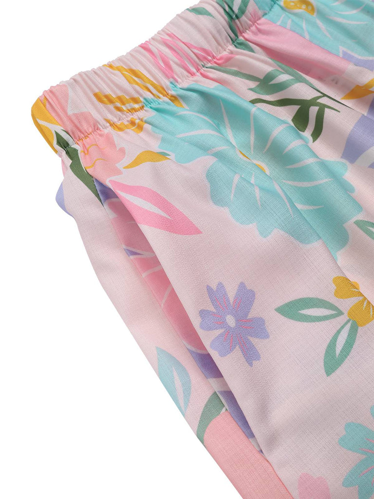 2PCS Rosa 1960er Blumen Drucken Rüschen Spaghetti Träger Camisole & Kurze Hosen