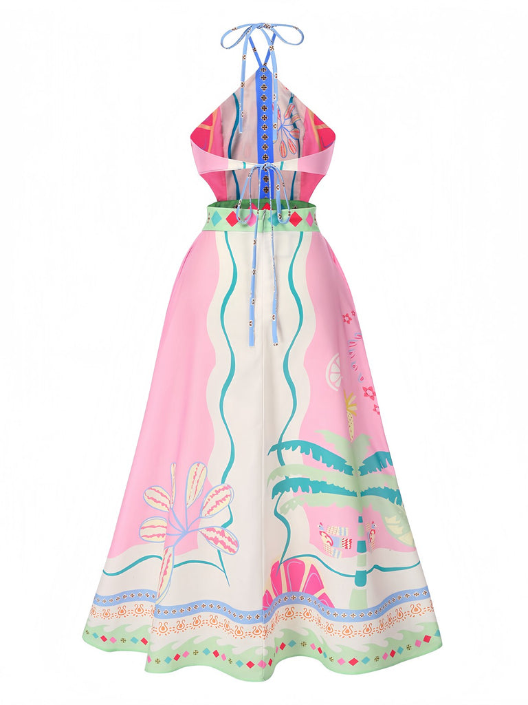 Rosa 1970er Rundhal Halter Tropisch Boho Kleid