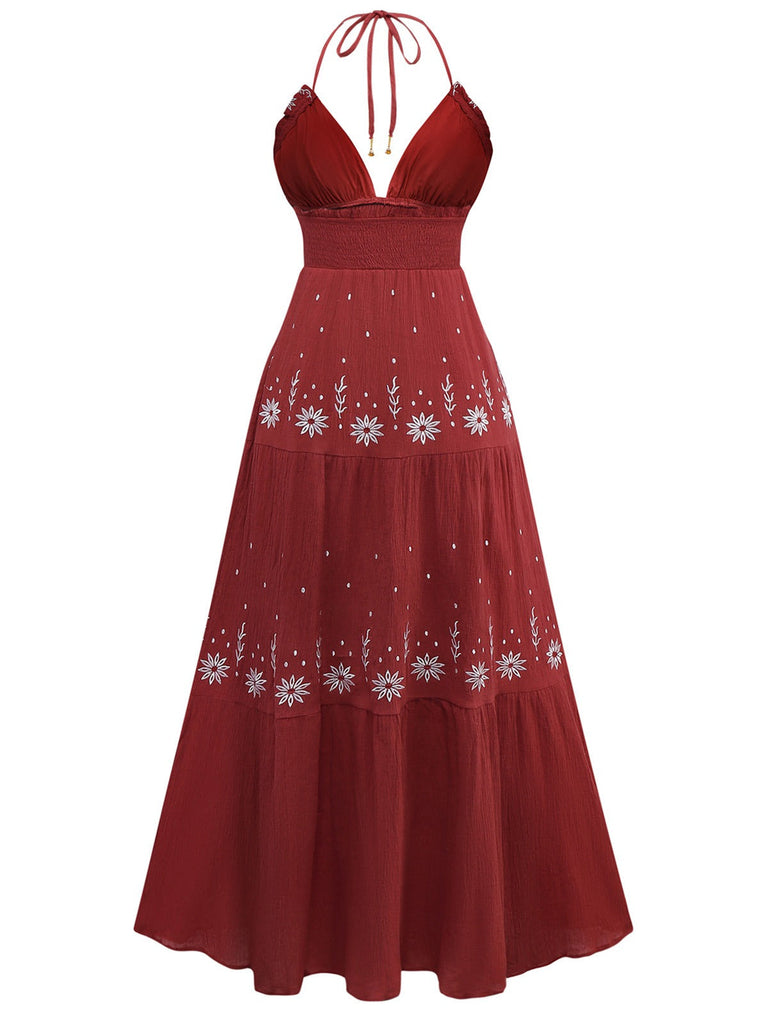 1930er Besticktes Blumen Tief V-Ausschnitt Texturiert Kleid