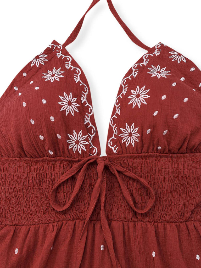 1930er Besticktes Blumen Tief V-Ausschnitt Texturiert Kleid