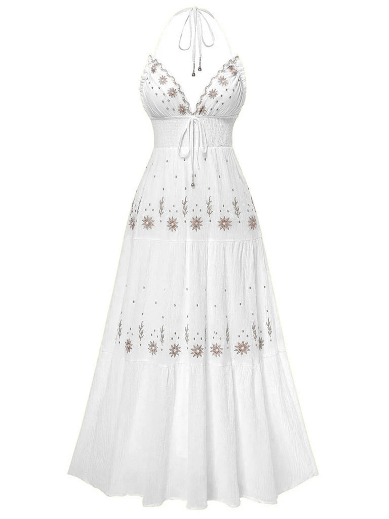 1930er Besticktes Blumen Tief V-Ausschnitt Texturiert Kleid