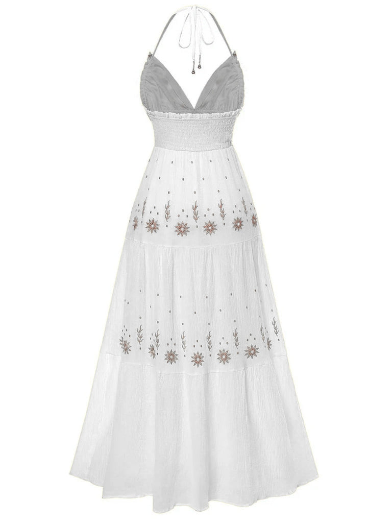 1930er Besticktes Blumen Tief V-Ausschnitt Texturiert Kleid