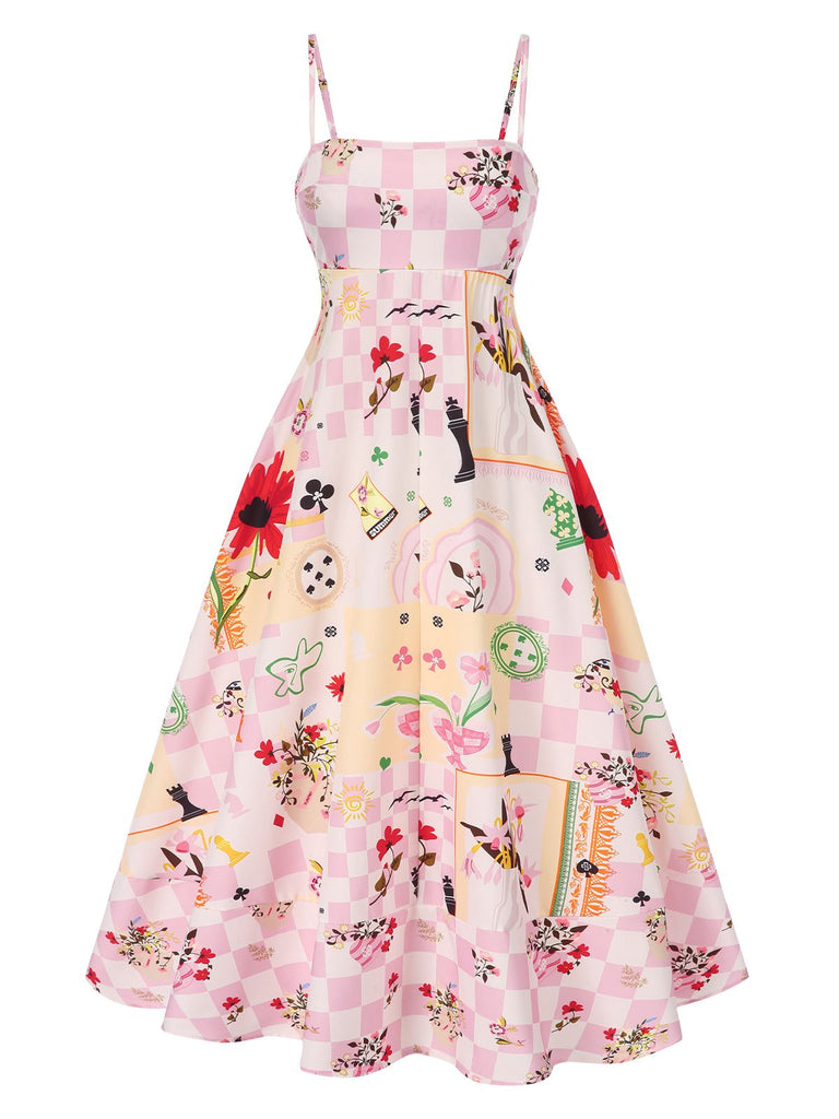 Mehrfarbig 1940er Schachbrettmuster Blumen Spaghetti Träger Kleid