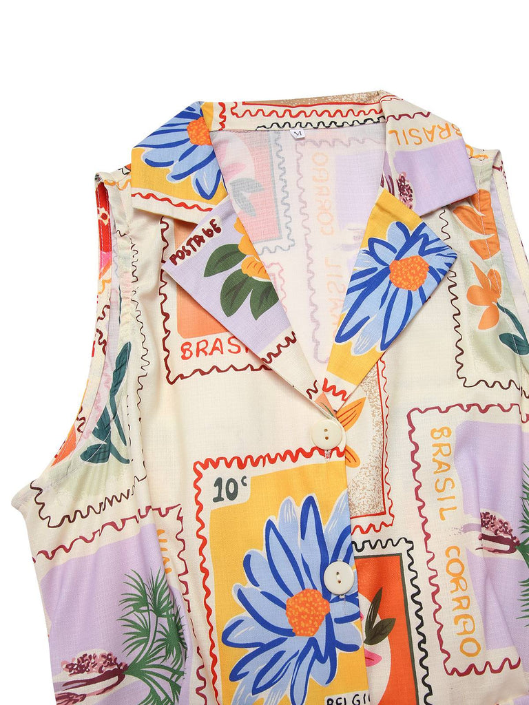 Multicolor 1960er Kerbkragen Blumen Stempel Kleid