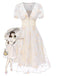 Weiß 1950er Tief V-Ausschnitt Besticktes Blumen Kleid