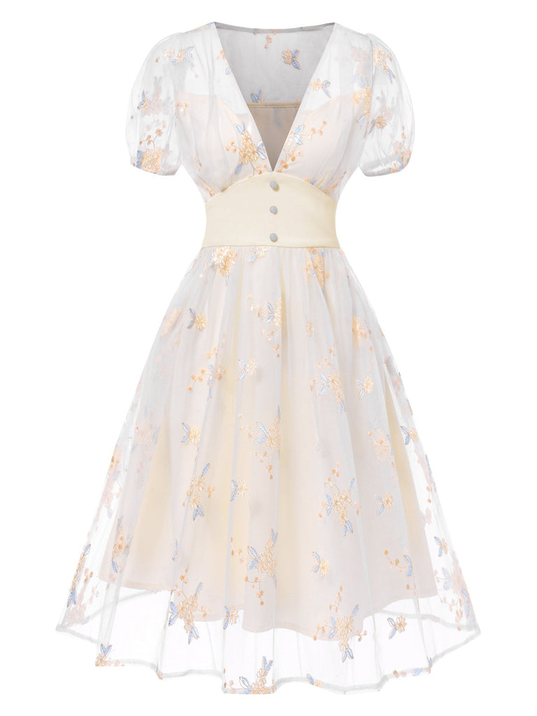 Weiß 1950er Tief V-Ausschnitt Besticktes Blumen Kleid