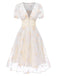 Weiß 1950er Tief V-Ausschnitt Besticktes Blumen Kleid