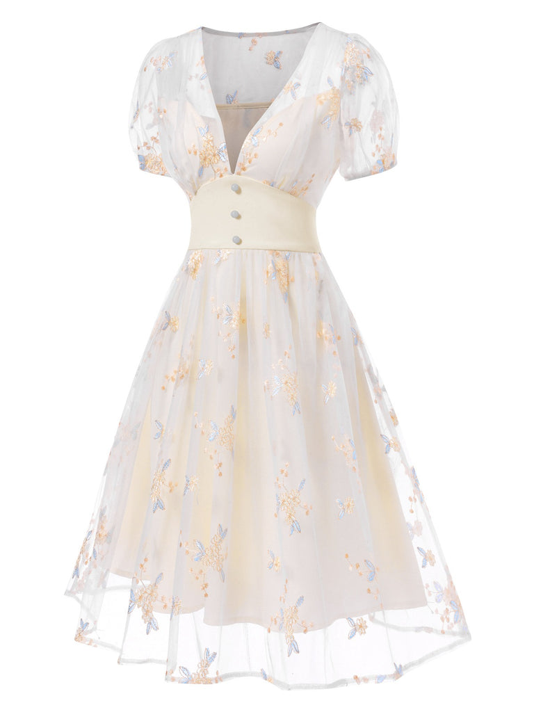 Weiß 1950er Tief V-Ausschnitt Besticktes Blumen Kleid
