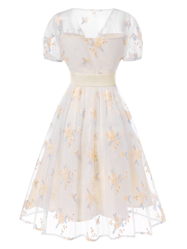 Weiß 1950er Tief V-Ausschnitt Besticktes Blumen Kleid
