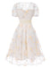 Weiß 1950er Tief V-Ausschnitt Besticktes Blumen Kleid