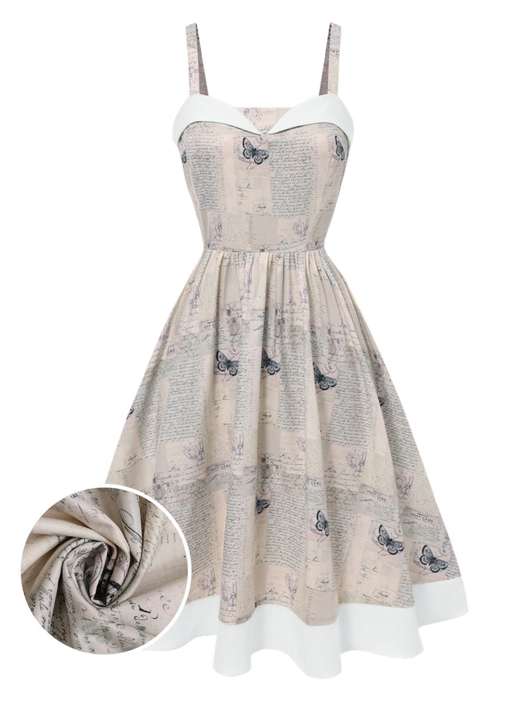 Khaki 1950er Zeitung Schmetterling Patchwork Kleid