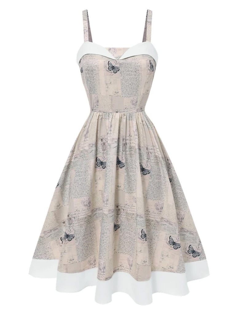 Khaki 1950er Zeitung Schmetterling Patchwork Kleid