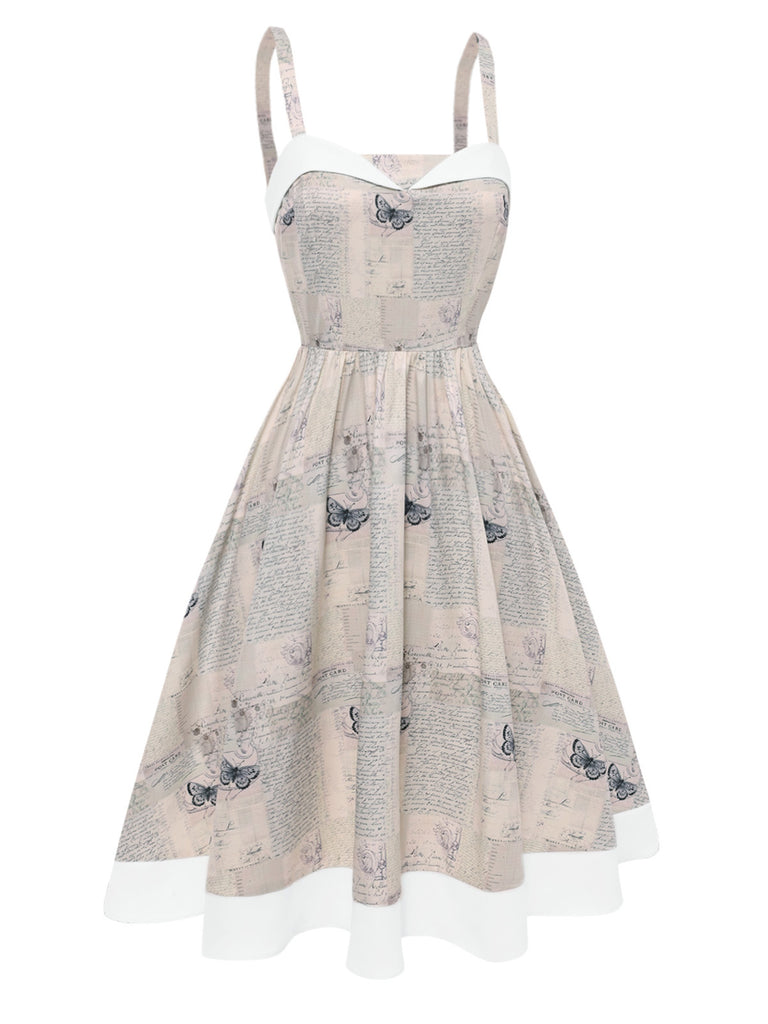 Khaki 1950er Zeitung Schmetterling Patchwork Kleid