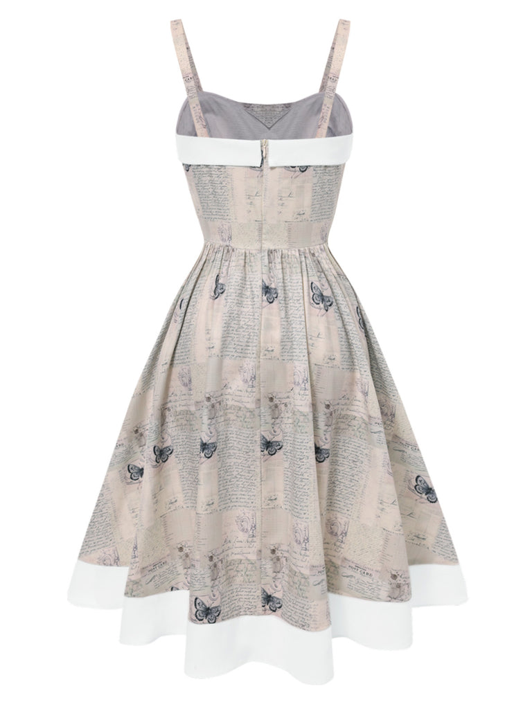 Khaki 1950er Zeitung Schmetterling Patchwork Kleid