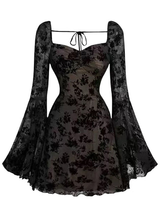 Schwarz 1950er Spitze Blumen Bischofsärmel Kleid