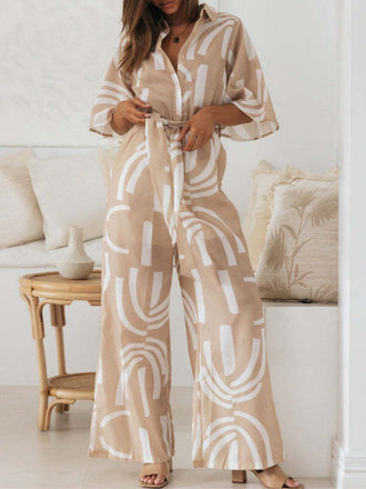 Khaki 1930er Geometrisch Gedruckt Halbe Ärmel Revers Jumpsuit