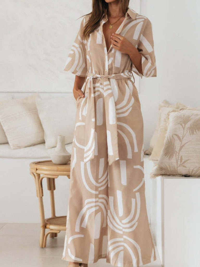 Khaki 1930er Geometrisch Gedruckt Halbe Ärmel Revers Jumpsuit