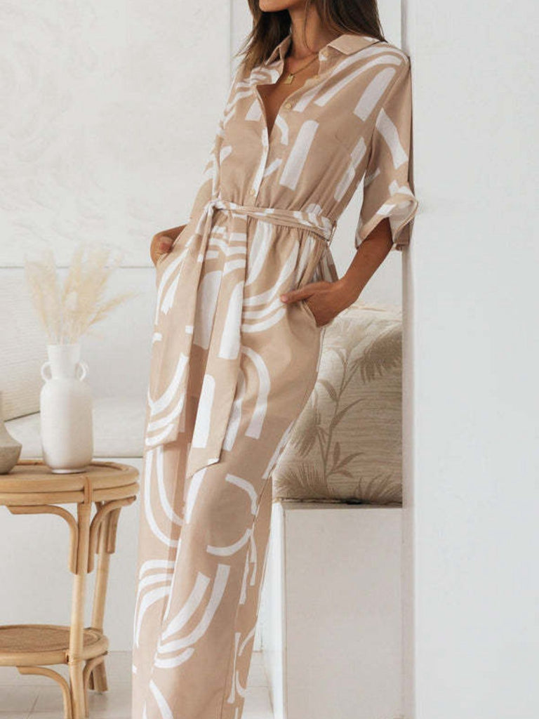 Khaki 1930er Geometrisch Gedruckt Halbe Ärmel Revers Jumpsuit