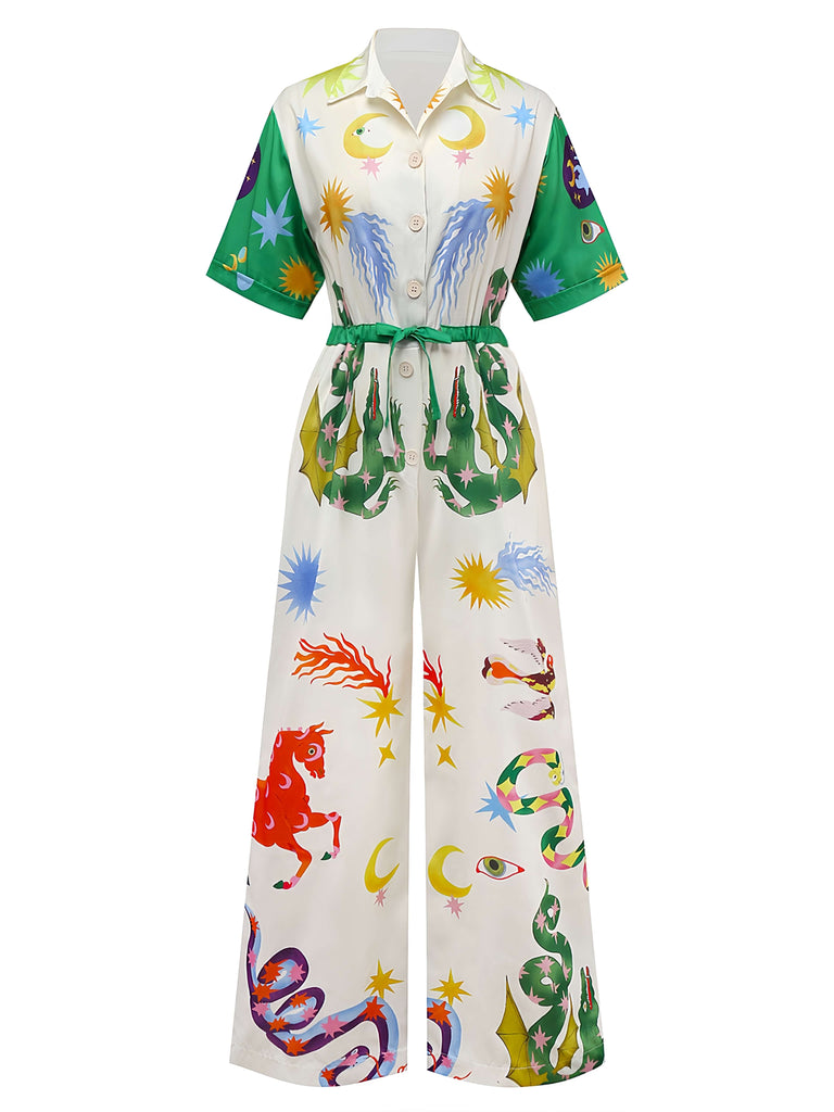 Mehrfarbig 1930er Karikatur Tiere Hemdkragen Jumpsuit
