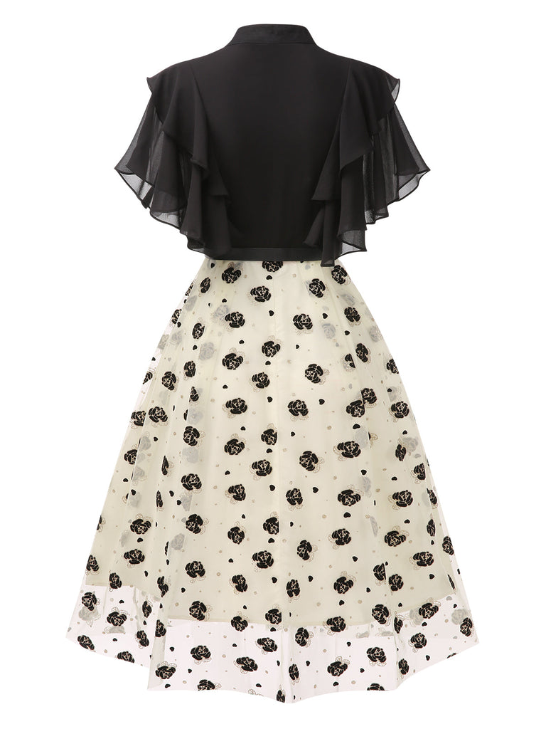 Schwarz 1950er 3D Blumen Rüschen V-Ausschnitt Kleid