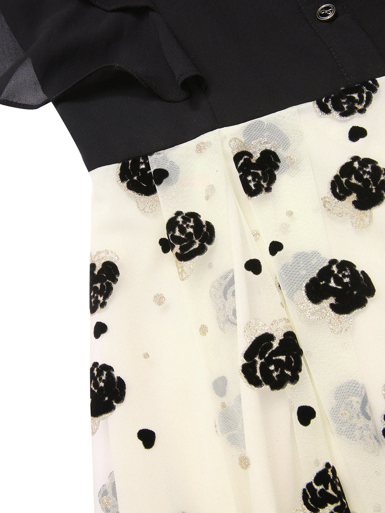 Schwarz 1950er 3D Blumen Rüschen V-Ausschnitt Kleid