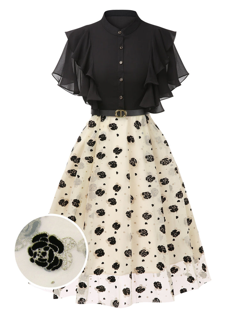 Schwarz 1950er 3D Blumen Rüschen V-Ausschnitt Kleid