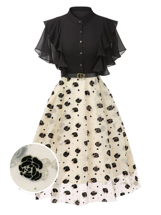 Schwarz 1950er 3D Blumen Rüschen V-Ausschnitt Kleid