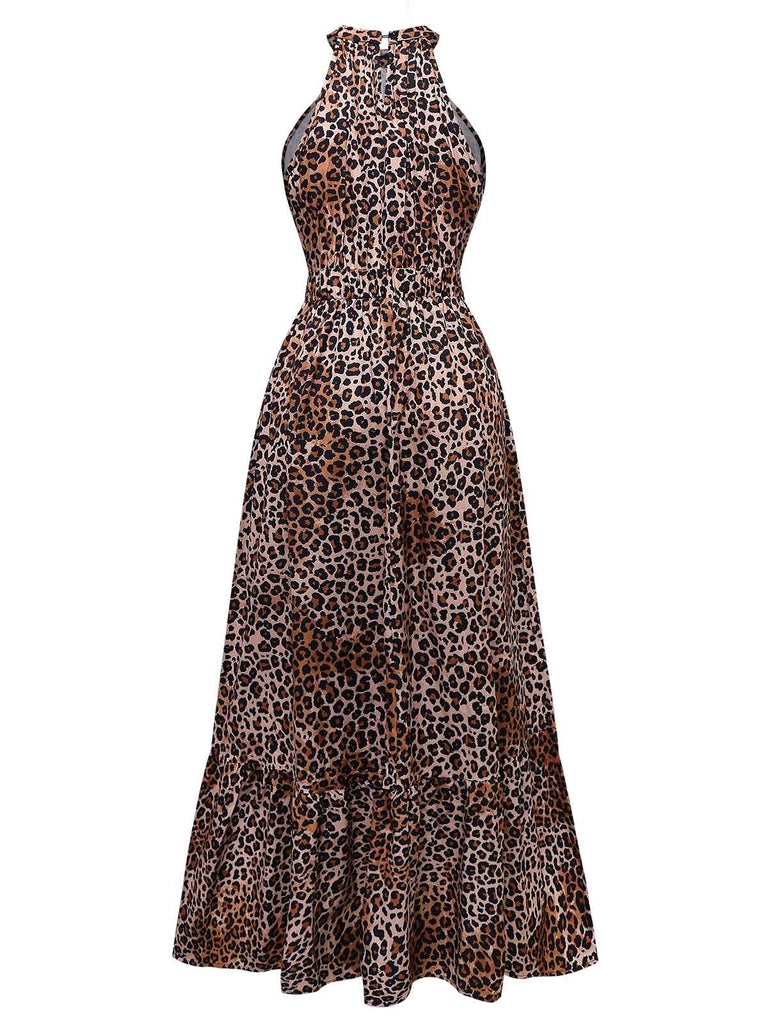 Braun 1930er Leopard Schmetterling Rundhals Halter Kleid