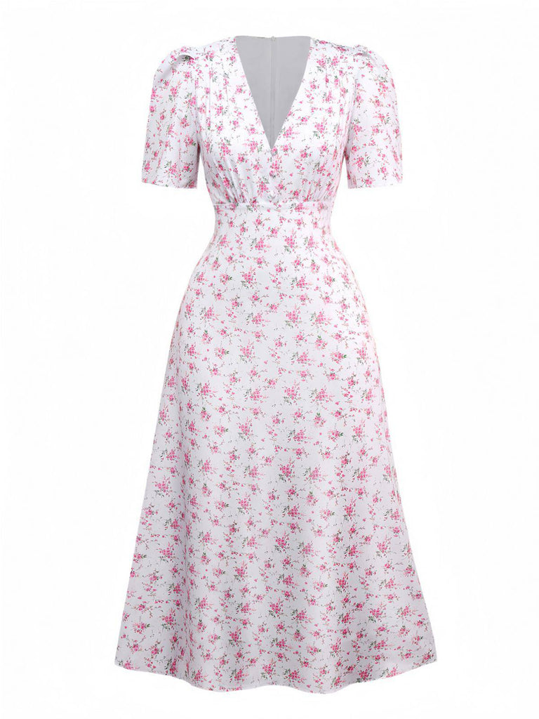 Lavendel 1940er Kleine Blumen V-Ausschnitt Puffärmel Kleid