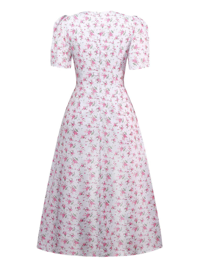 Lavendel 1940er Kleine Blumen V-Ausschnitt Puffärmel Kleid