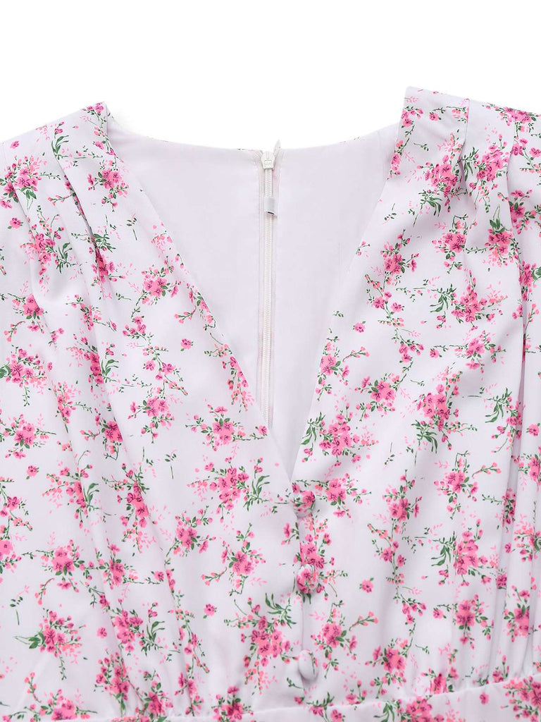Lavendel 1940er Kleine Blumen V-Ausschnitt Puffärmel Kleid