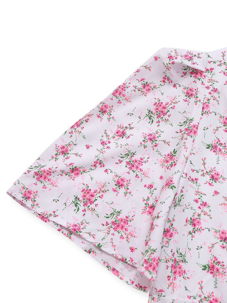 Lavendel 1940er Kleine Blumen V-Ausschnitt Puffärmel Kleid