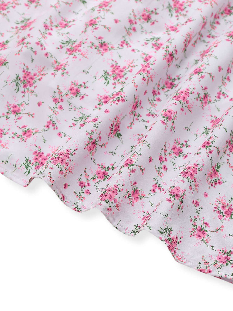 Lavendel 1940er Kleine Blumen V-Ausschnitt Puffärmel Kleid