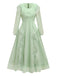Grün 1930er Solide Netz Rüschen Illusion Ärmel Kleid
