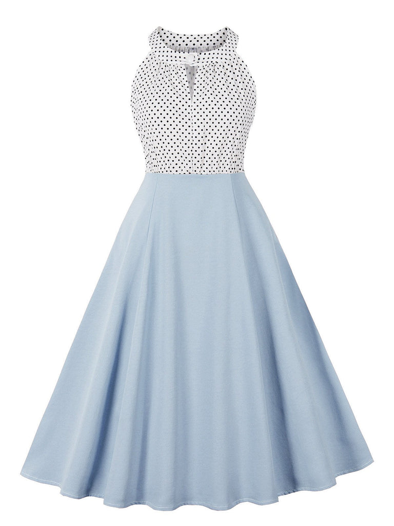 1950er Tupfen Patchwork Halter Rundhals Kleid