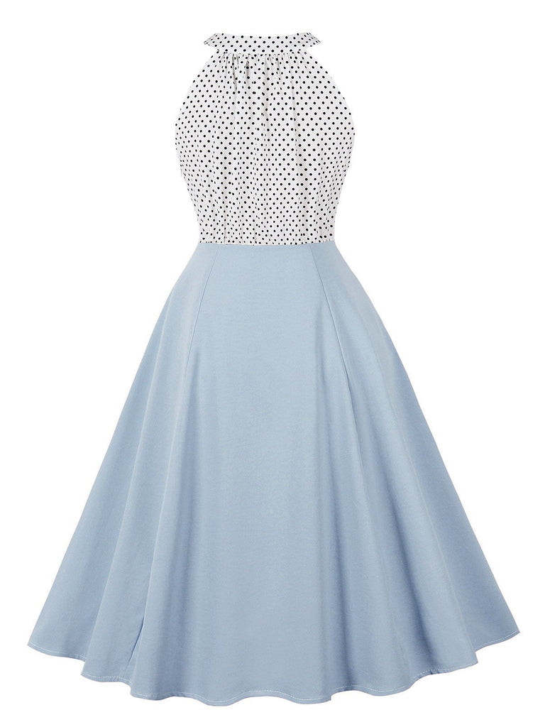 1950er Tupfen Patchwork Halter Rundhals Kleid