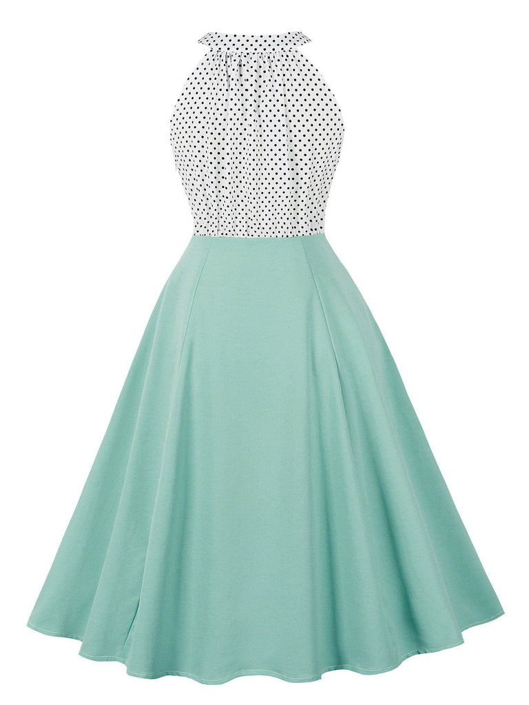 1950er Tupfen Patchwork Halter Rundhals Kleid