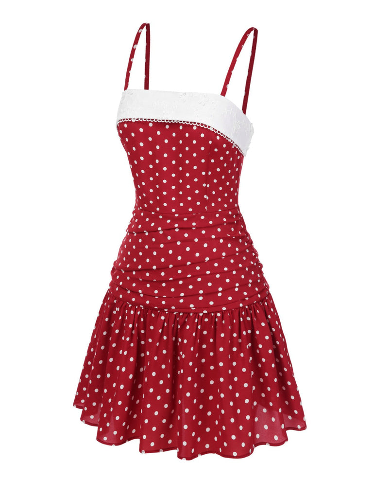 Rot 1960er Spitze Patchwork Tupfen Plissiertes Kleid