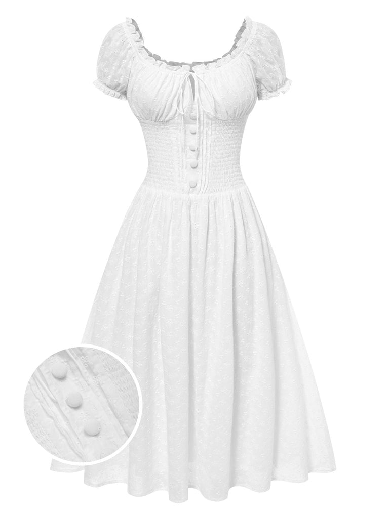 Weiß 1940er Solide Baumwolle Bestickt Spitze Kleid
