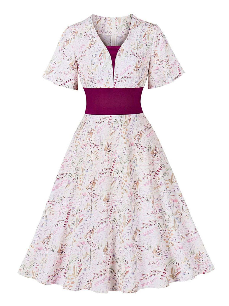 Rosaviolett 1950er Herzförmiger Glockenärmel Blumen Kleid