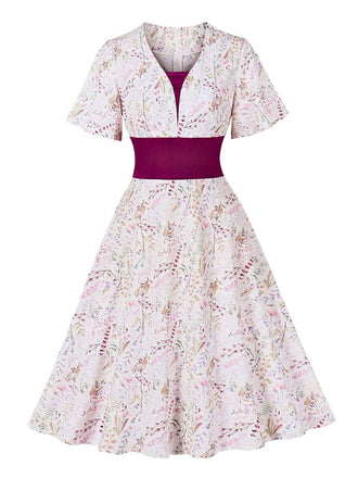 Rosaviolett 1950er Herzförmiger Glockenärmel Blumen Kleid