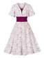 Rosaviolett 1950er Herzförmiger Glockenärmel Blumen Kleid