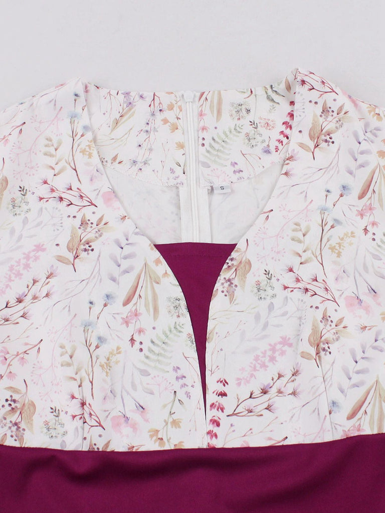 Rosaviolett 1950er Herzförmiger Glockenärmel Blumen Kleid