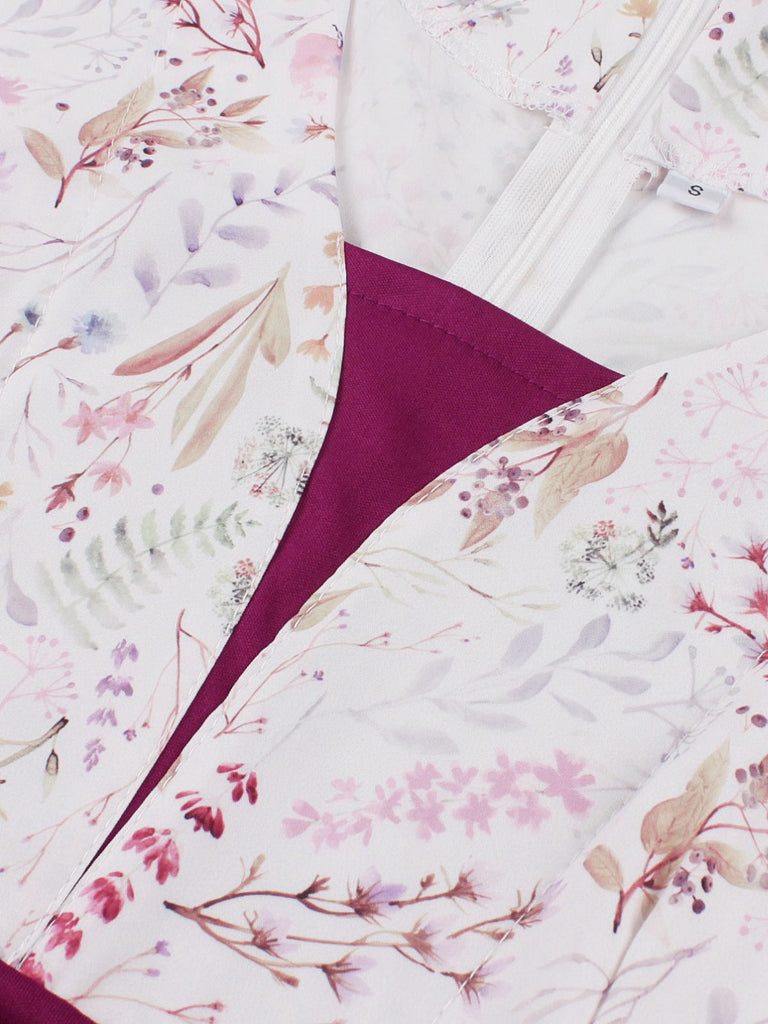 Rosaviolett 1950er Herzförmiger Glockenärmel Blumen Kleid