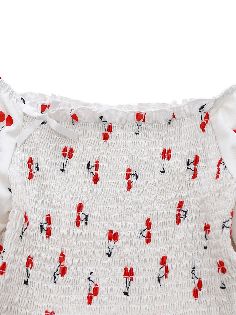 Weiß 1950er Kirsche Puffärmel Gesmokt Kleid