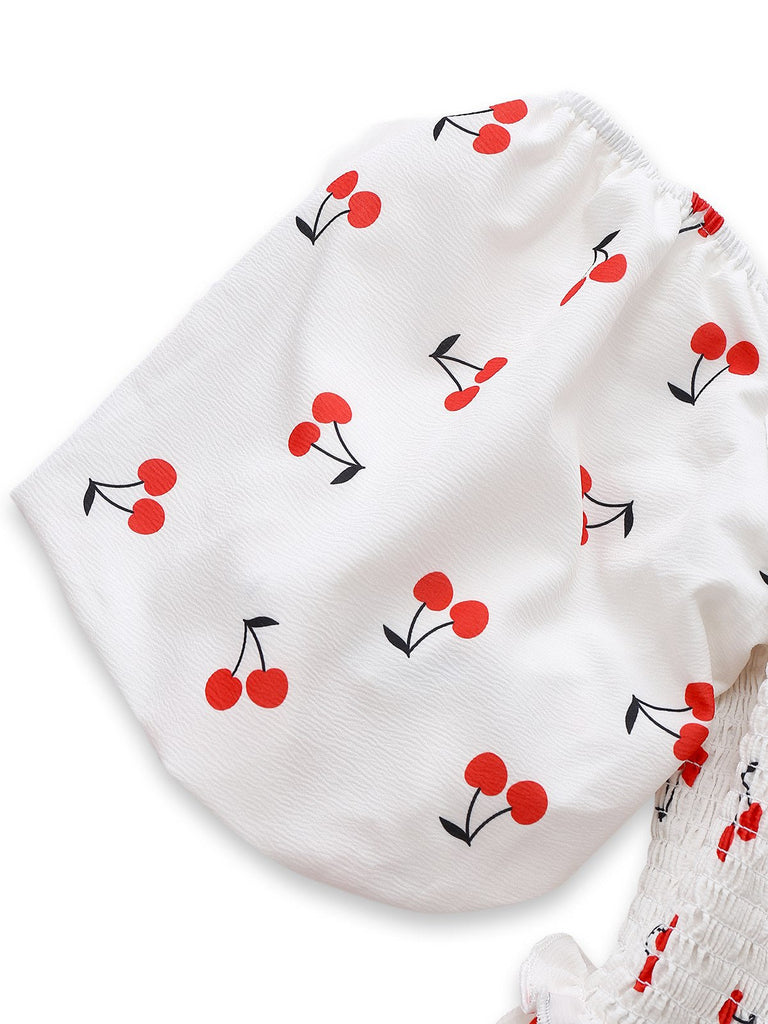 Weiß 1950er Kirsche Puffärmel Gesmokt Kleid