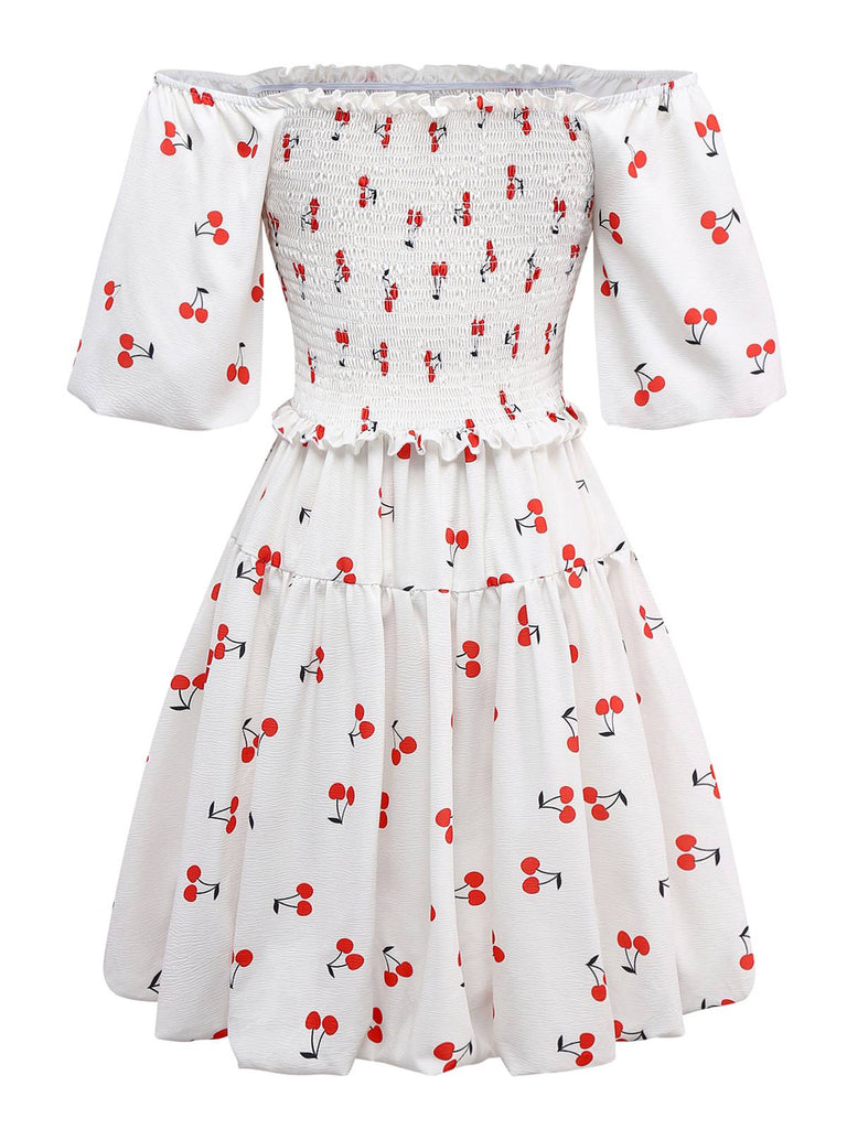 Weiß 1950er Kirsche Puffärmel Gesmokt Kleid